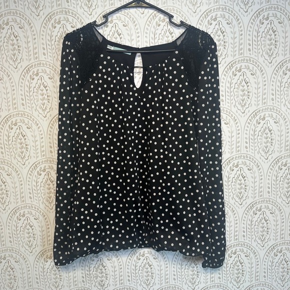 Maurices Tops - Maurices Womens Black White Polka Dot Lace Shoulder Keyhole Blouse Shirt Medium